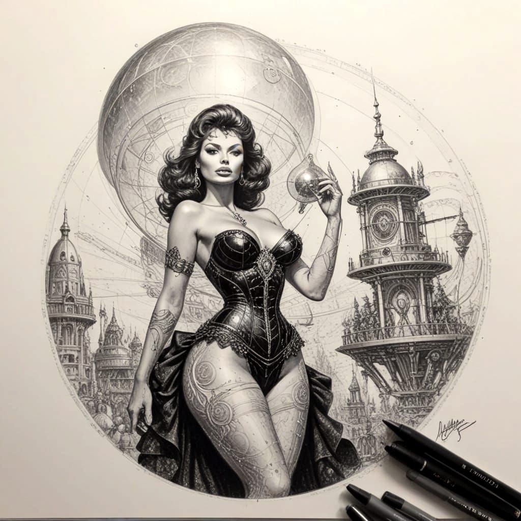 Ethereal Pinup Woman in Retro-SciFi Fantasy