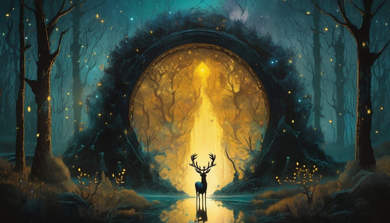 Golden Stag at Dark Portal, Gothic Art