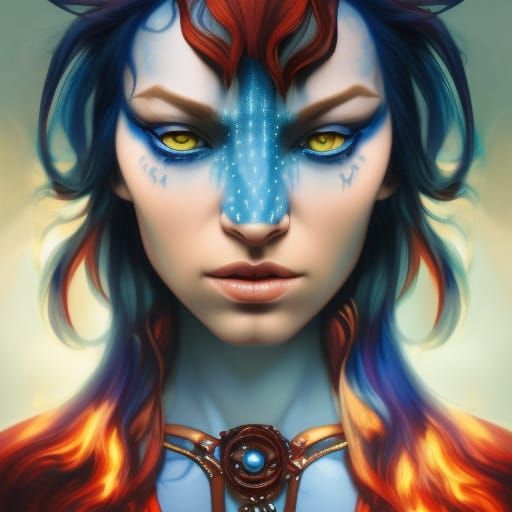 Blue Avatar Portrait with Red Hair, Fantasy Art