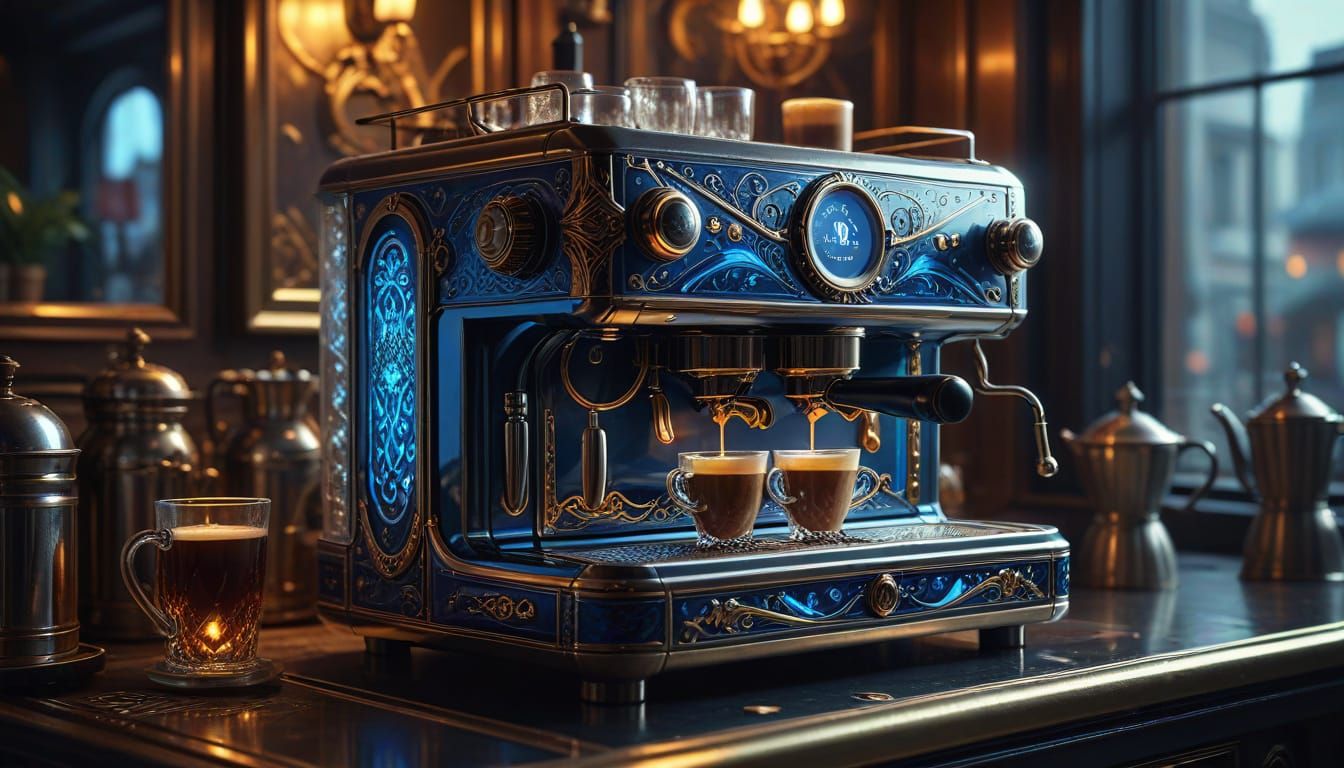 Futuristic Coffee Machine in Vintage Parisian Cafe