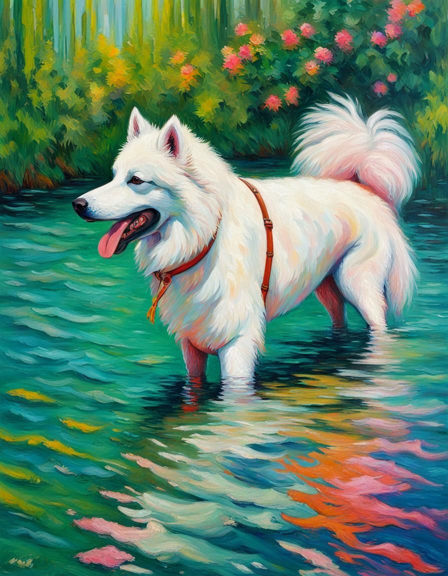 Samoyed and Brunette in a Neo-Impressionist Pool