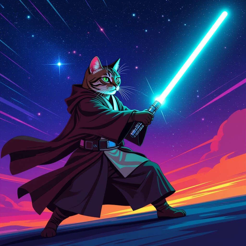 Cat Jedi Knight Battles in a Galaxy Far Away