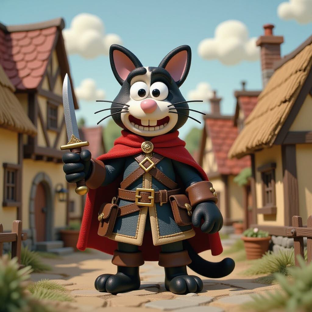 Claymation Calico Cat Thief in Medieval Village