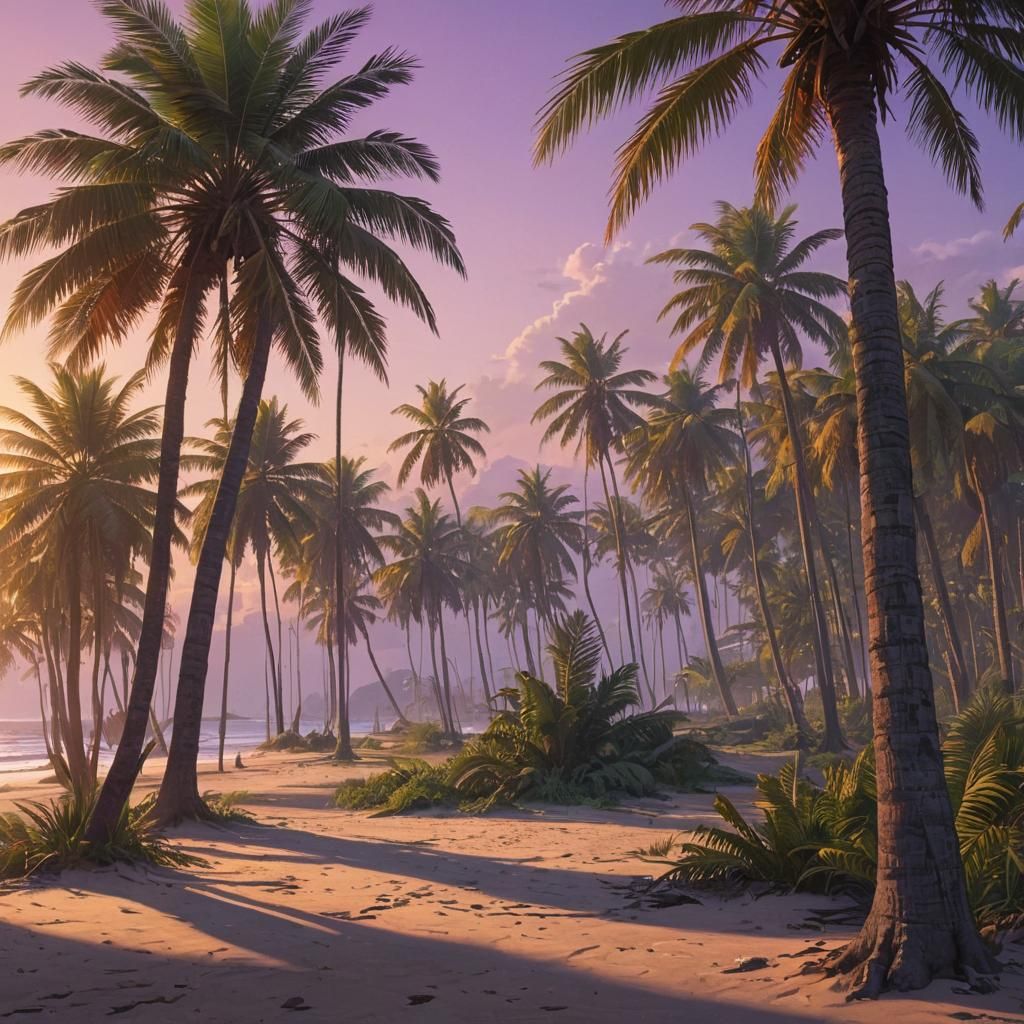 Tropical Sunset Beach Scene in a Fantasy Art Style