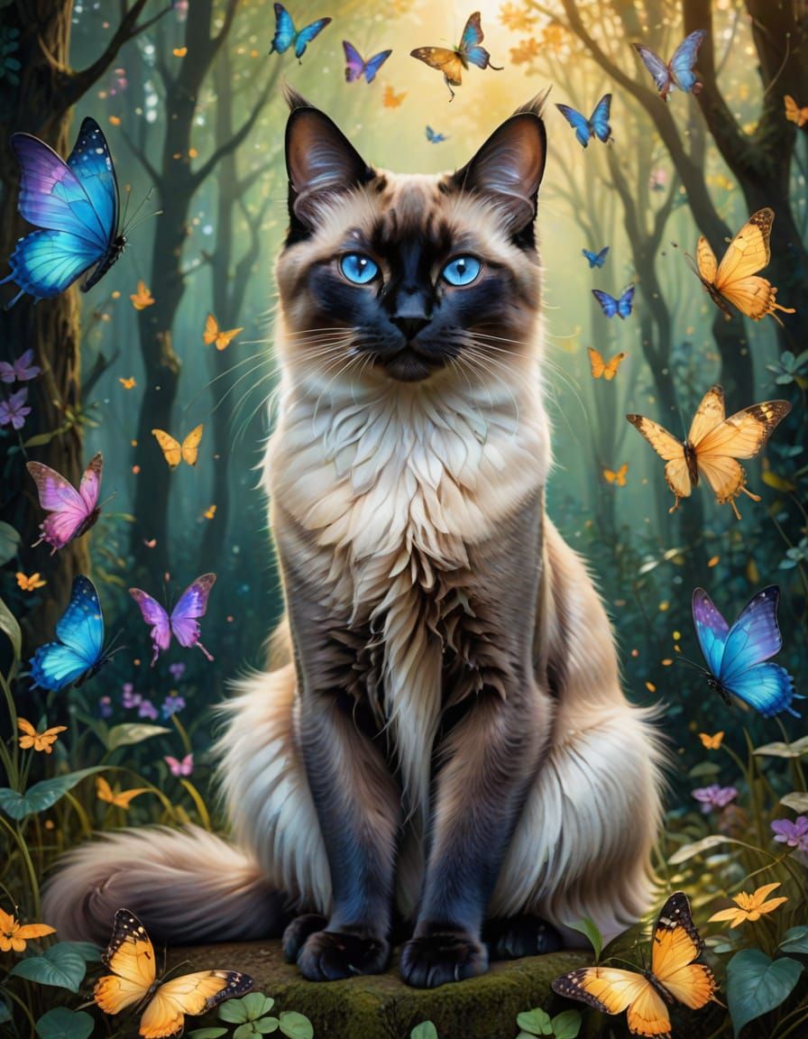 Majestic Siamese Cat with Fairy Wings in Enchanted Forest