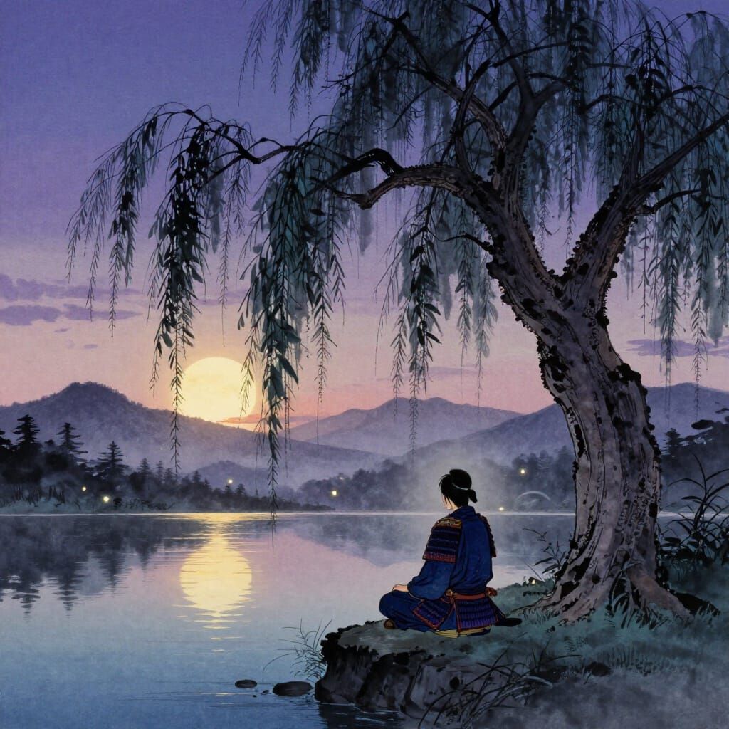 Samurai Meditating Under Willow Tree at Twilight