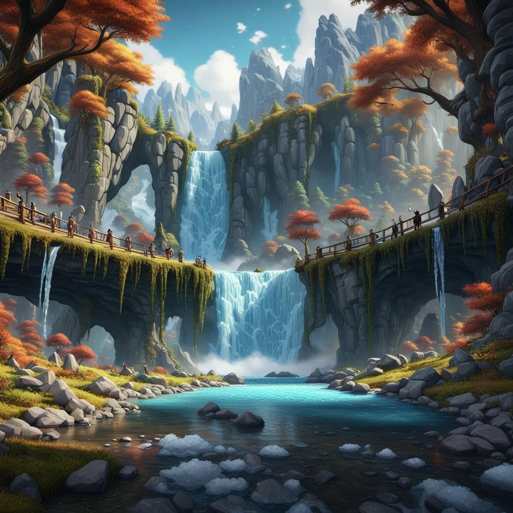 Colorful Forest River Waterfall Landscape in Fantasy Art