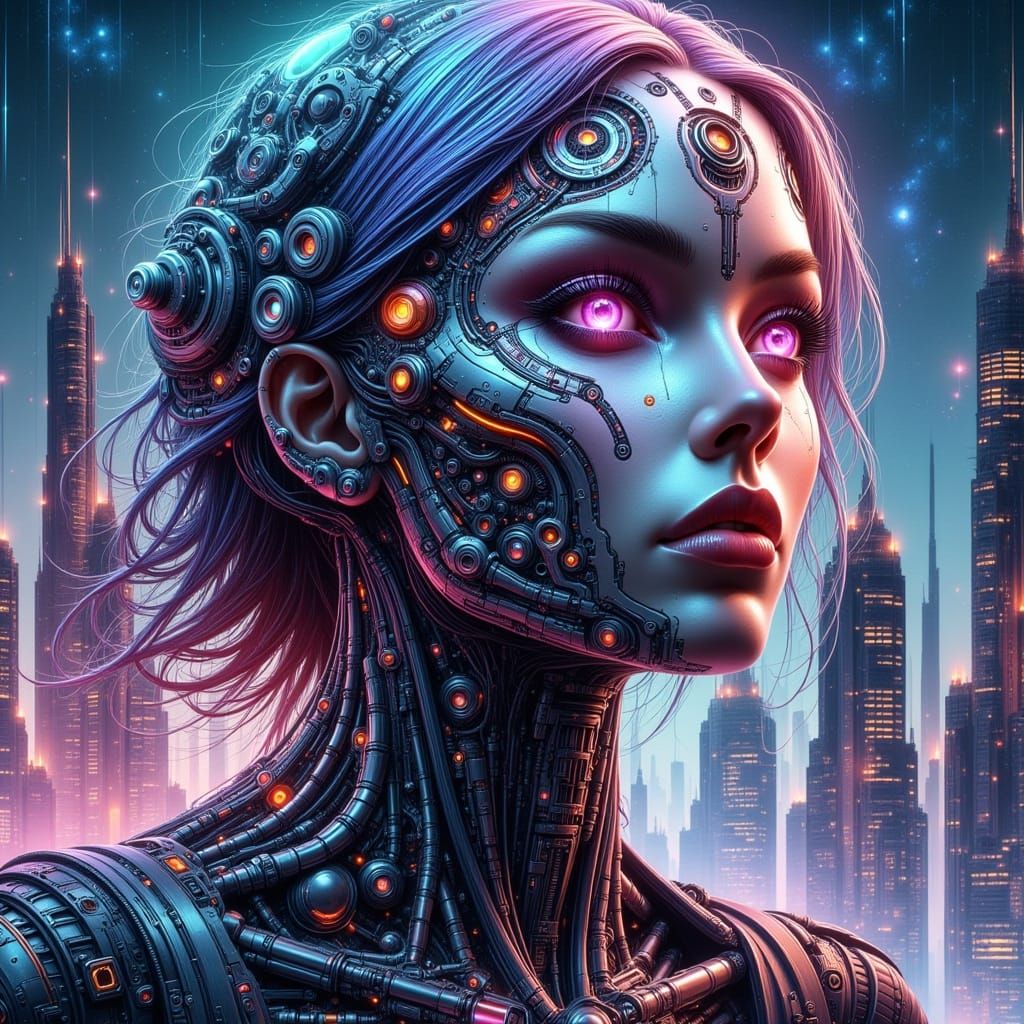 Cyberpunk Goddess Merging with the Universe in a Visionary A...