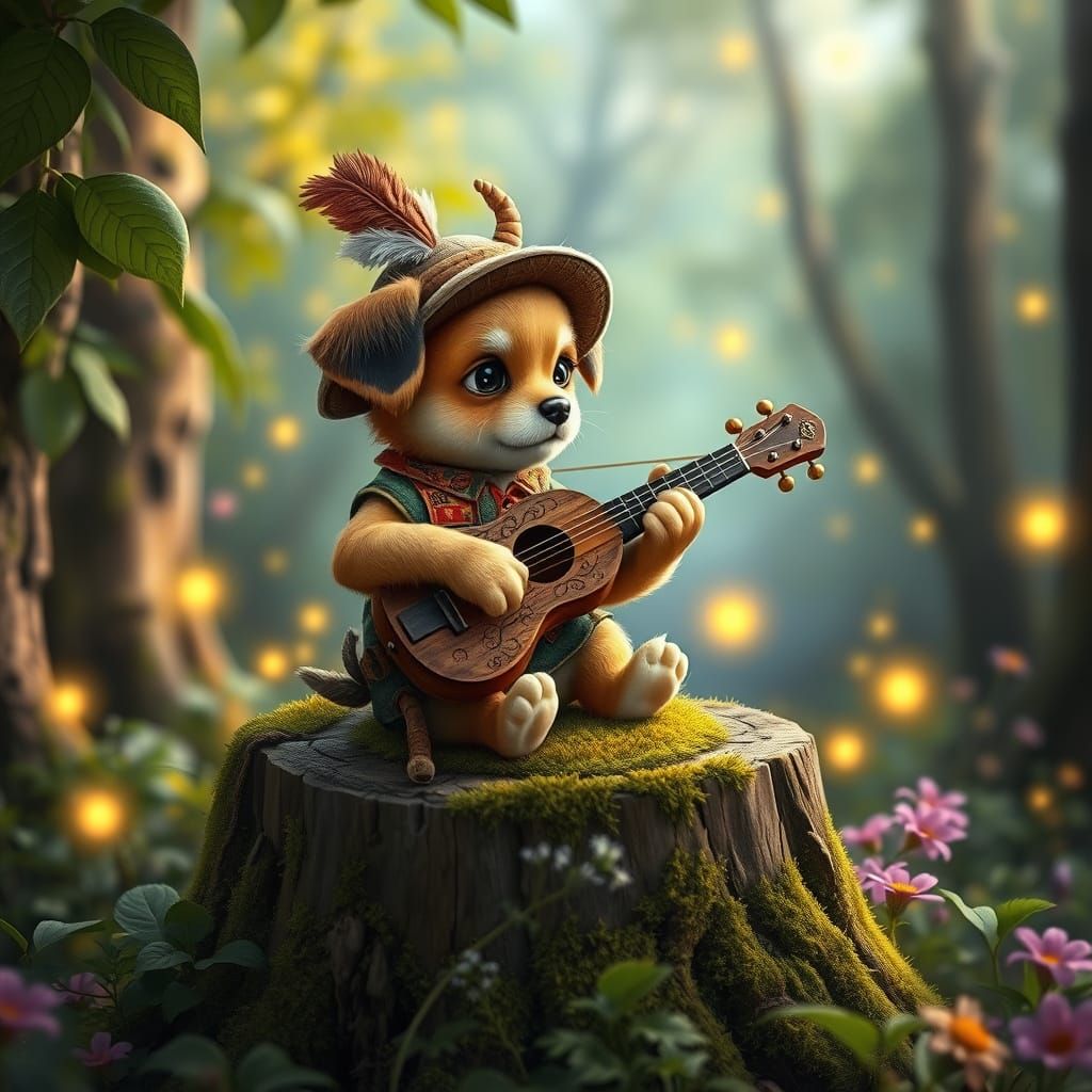 A captivating dark fantasy illustration of a tiny puppy bard sitting atop a moss-covered tree stump in a vibrant forest ...