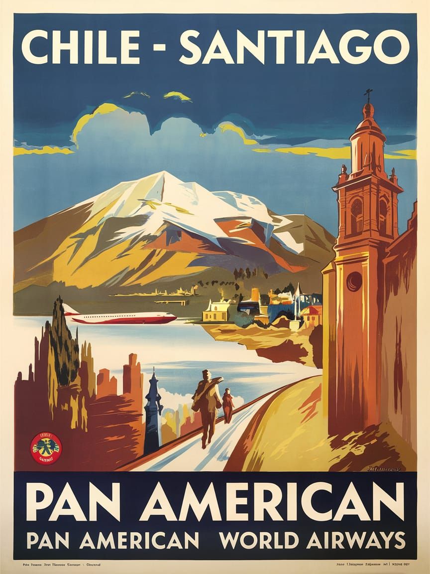 Santiago Chile Vintage Airline Travel Poster