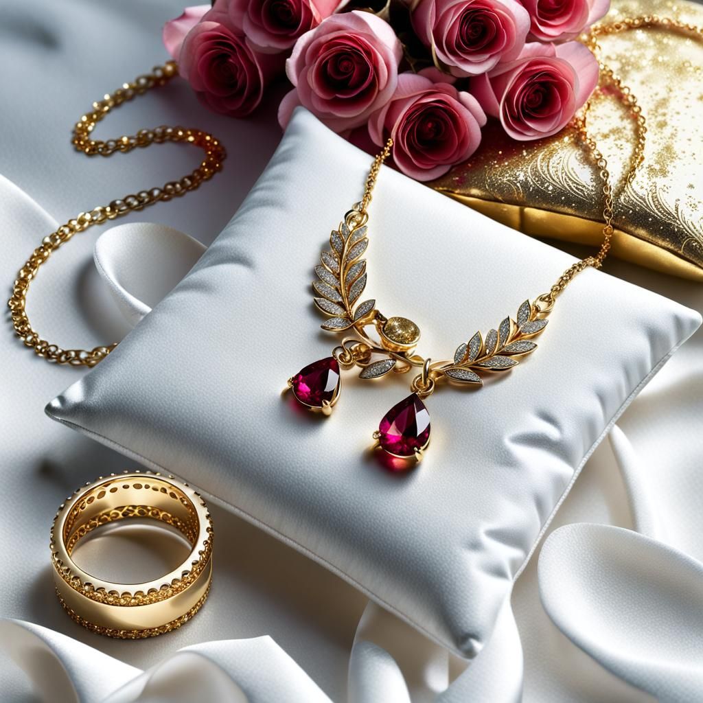 Elegant Gold and Ruby Jewelry with Rose Petals