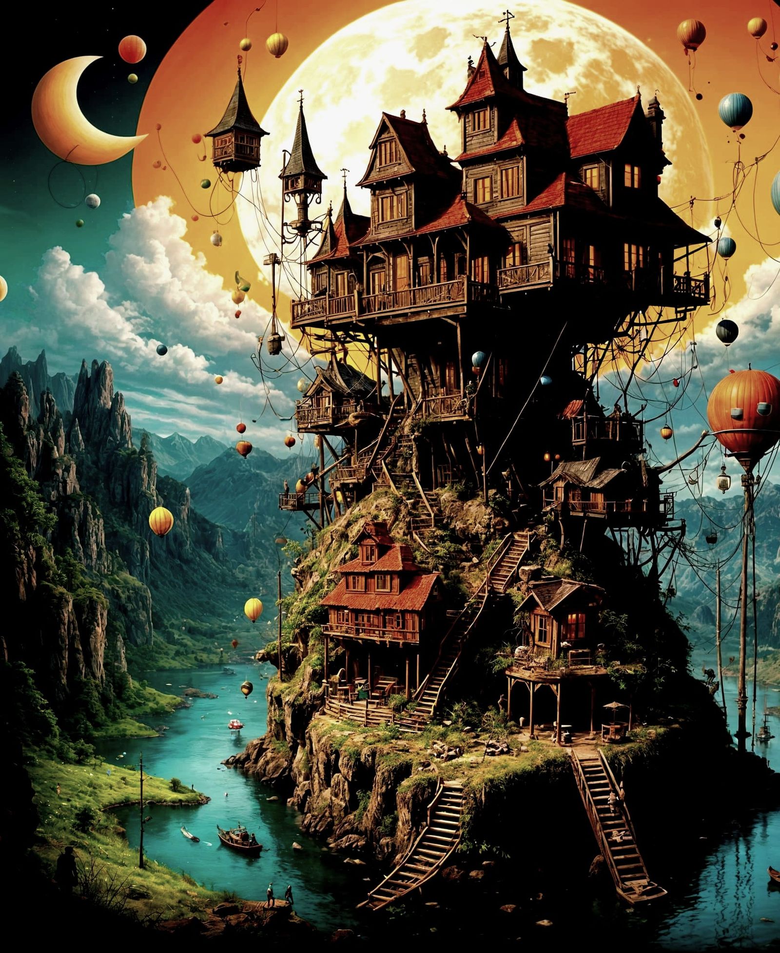 Surreal Rube Goldberg House with Bosch-Style Monsters