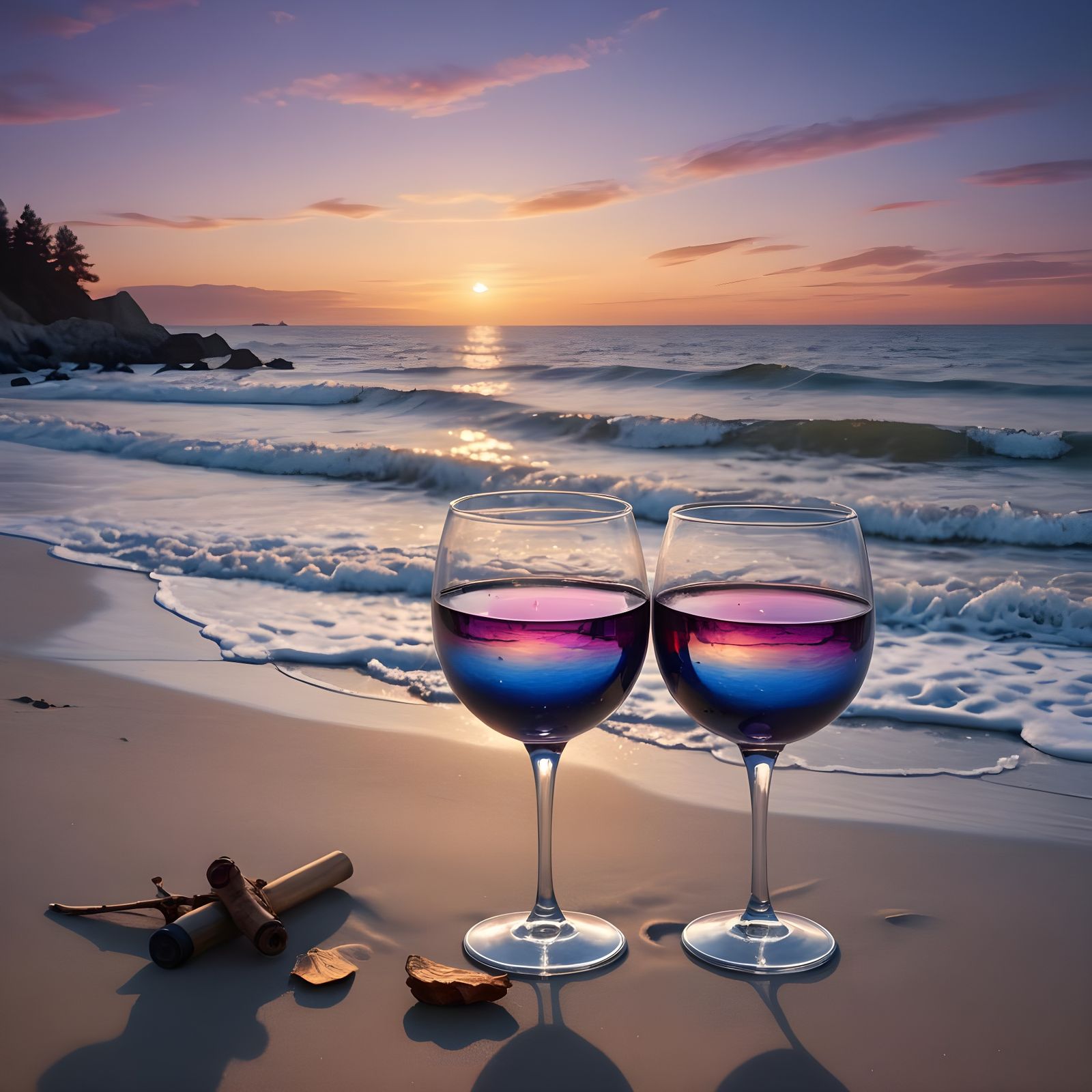 Winter Beach Waves with Wine Glasses in Matte Painting