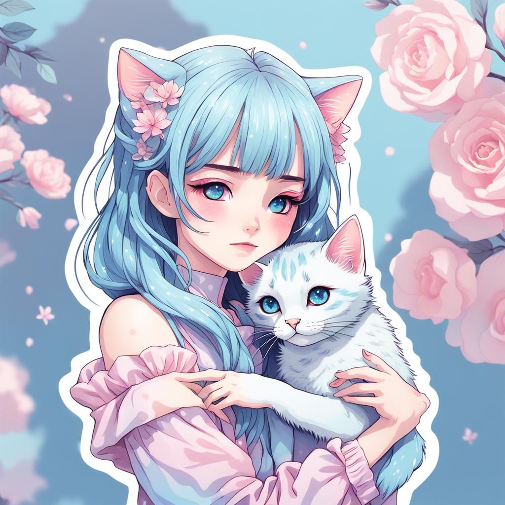 Anime Girl and Cat Sticker in Kawaii Style