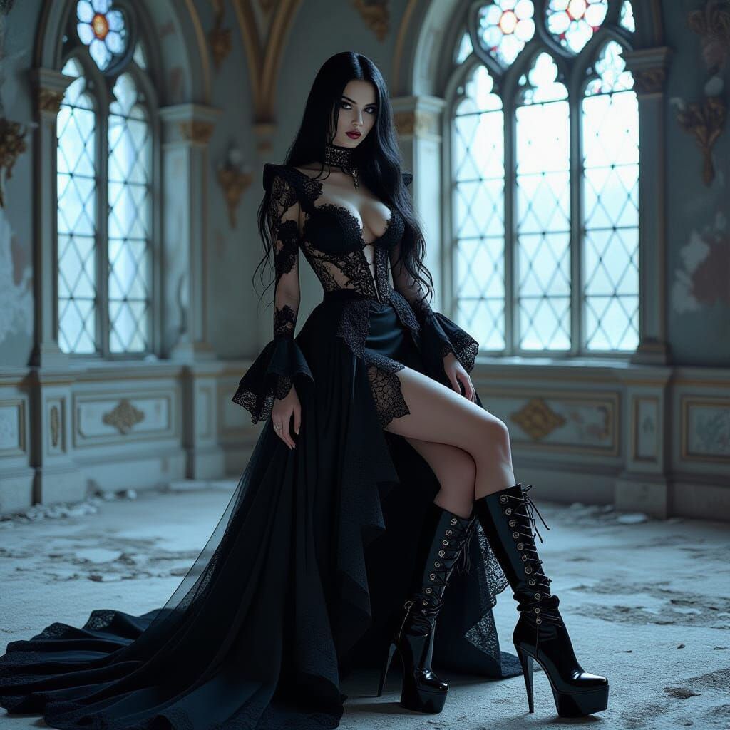 Gothic Fashion Model in Decaying Ballroom