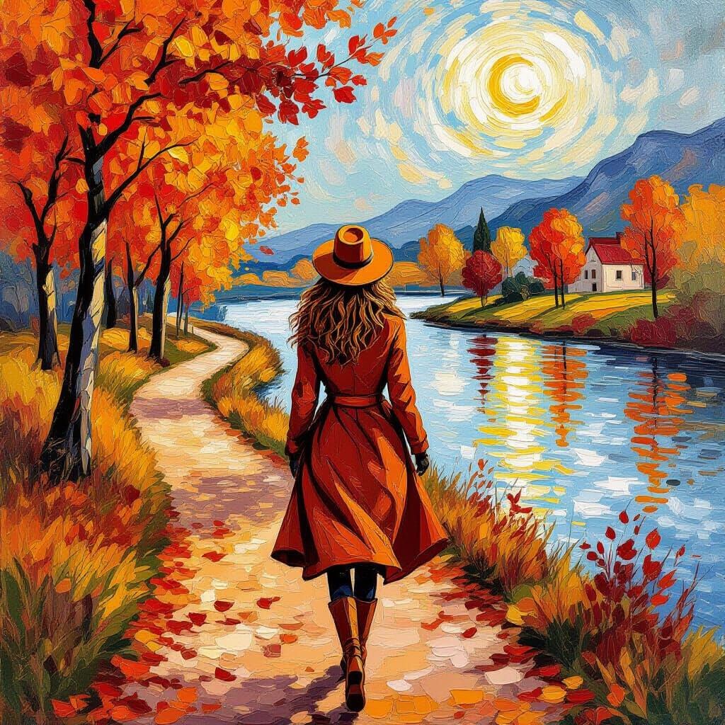 Woman Strolling Through Autumn Landscape in Post-Impressioni...