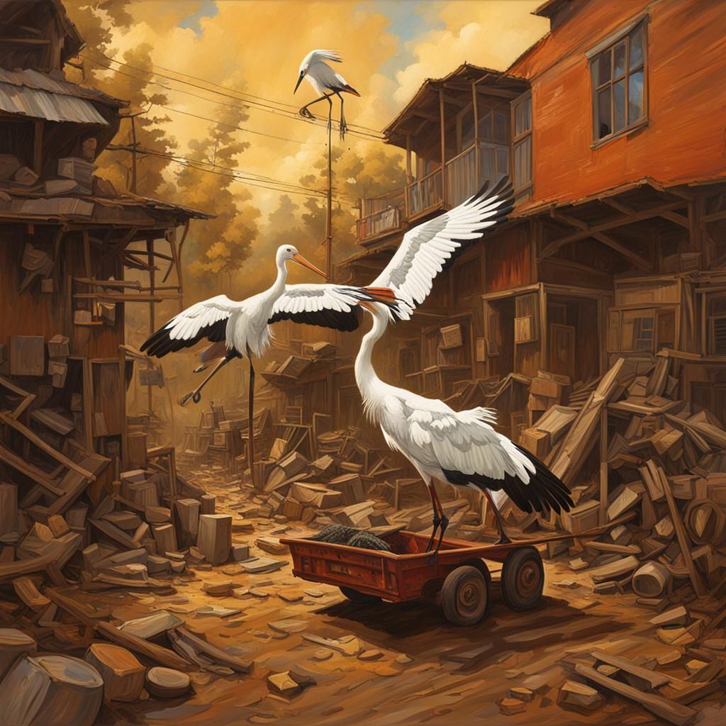 Storks and Cranes Delivering Babies: Naive Acrylic Art