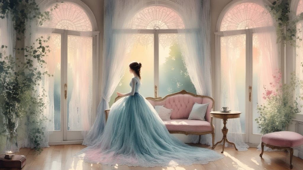 Elegant Woman in Blue Dress, Art Nouveau Style