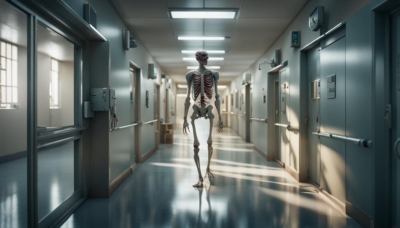 Skinny Man in Hospital Corridor, Detailed Matte Painting