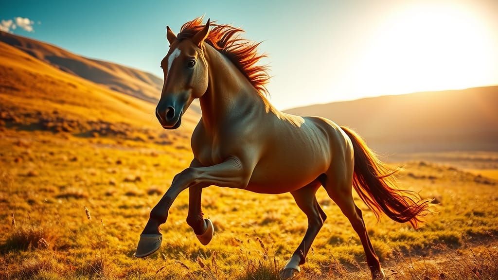 Majestic Horse Galloping Through Sunlit Meadow