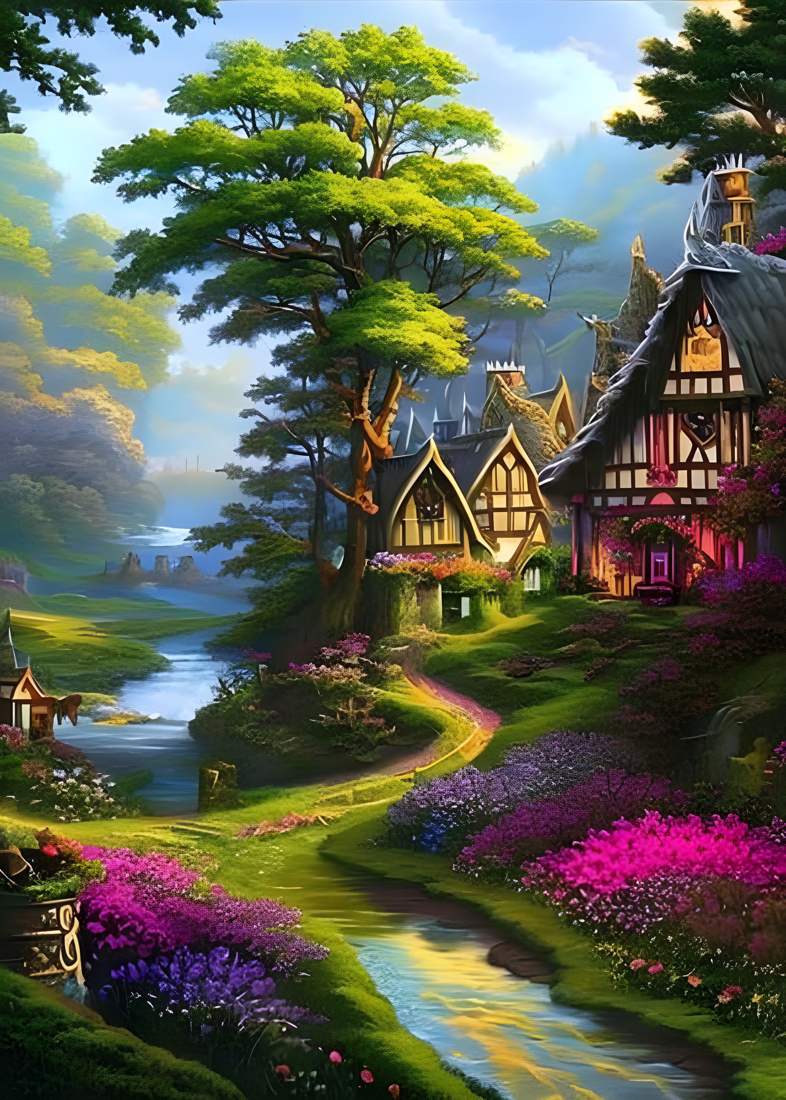 Enchanted Cottagecore Village in High-Fantasy Style