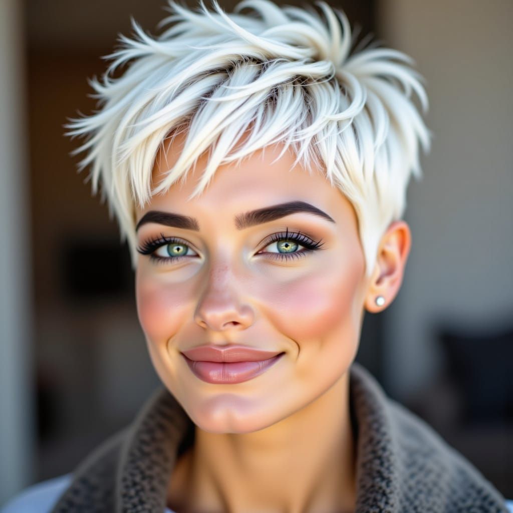 Warm Friendly Smile of Woman with Pixie Cut