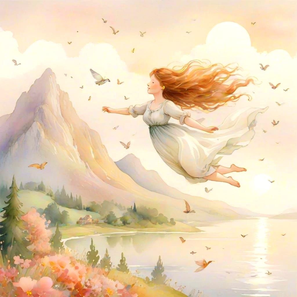 Woman Soars Over Vibrant Landscape in Whimsical Watercolour