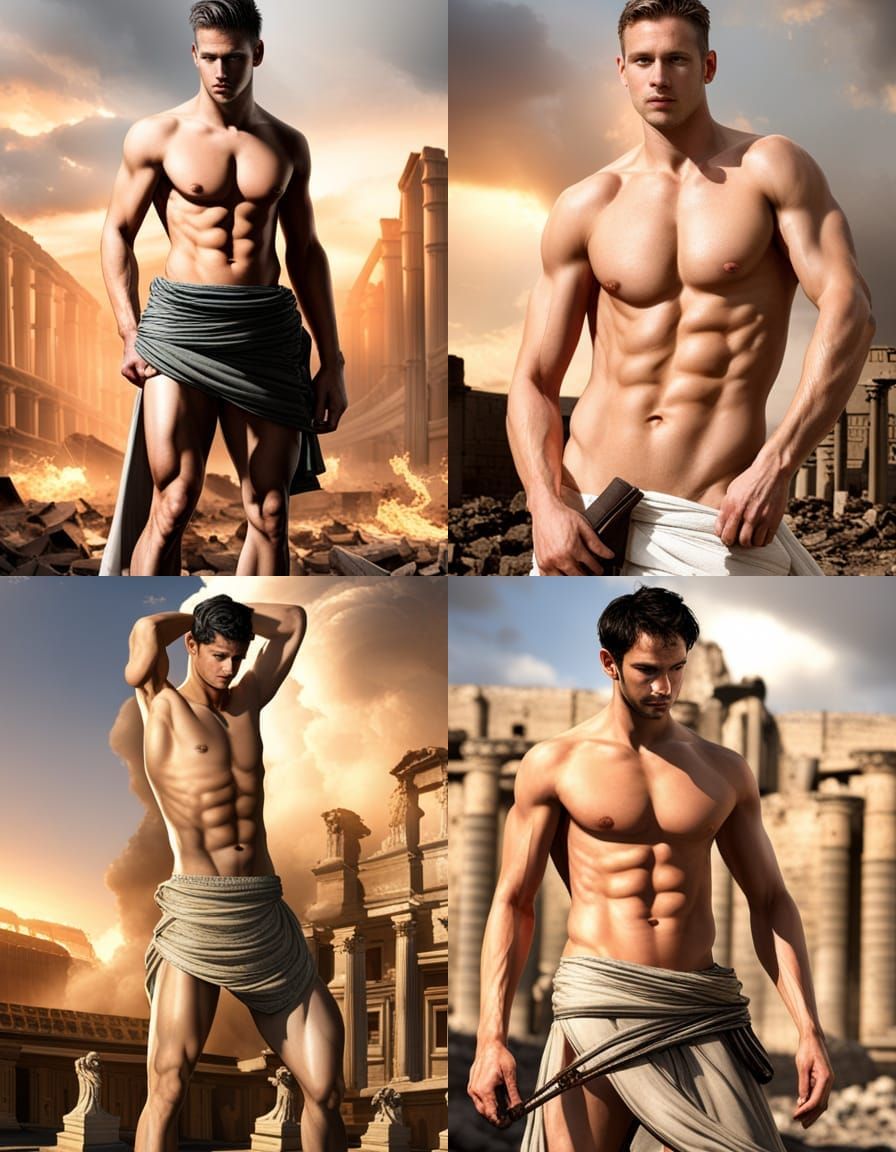 Muscular Ancient Roman Warriors in Loincloths, Standing Befo...