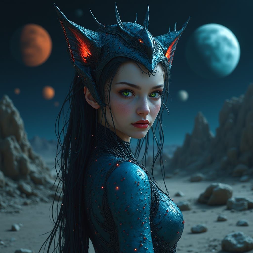 Alien Princess with Fiery Hair on Barren Planet