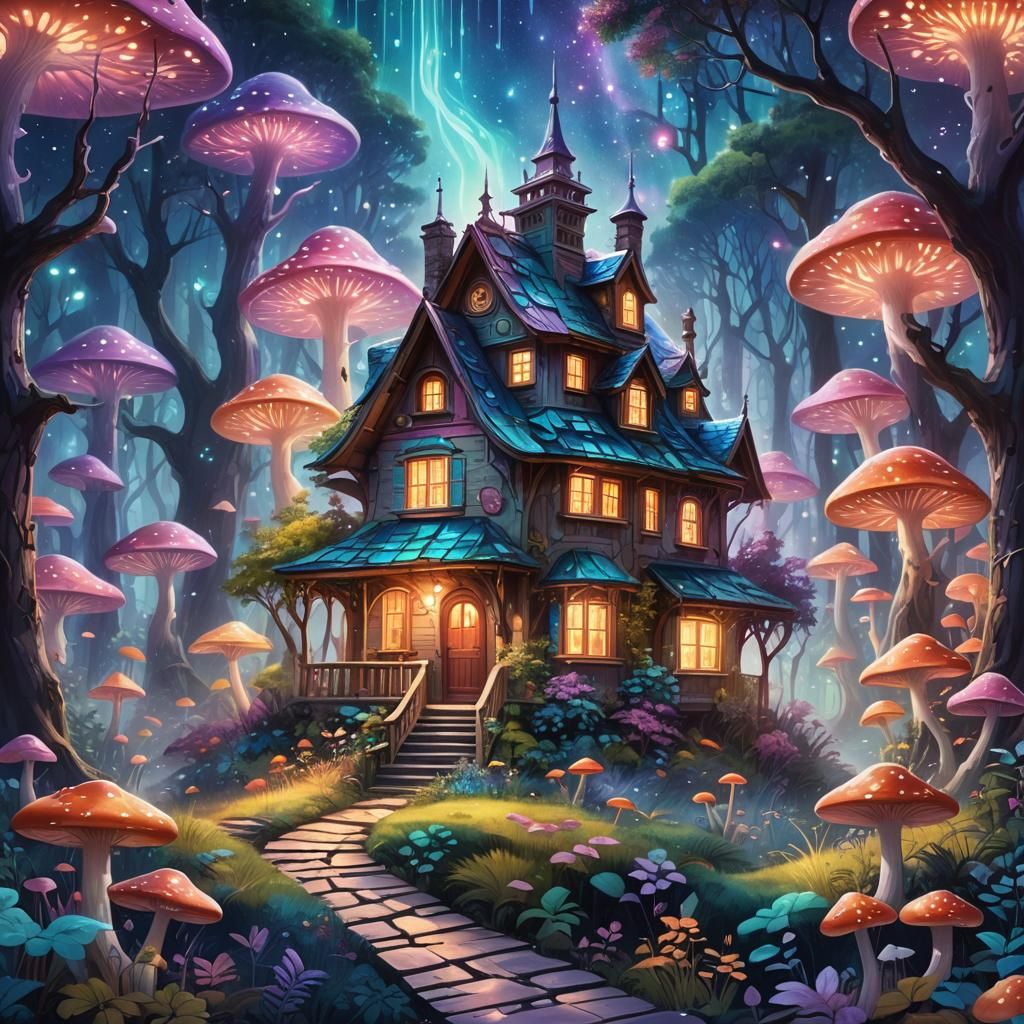 Glowing House in Enchanted Forest: Cosmic Illustration