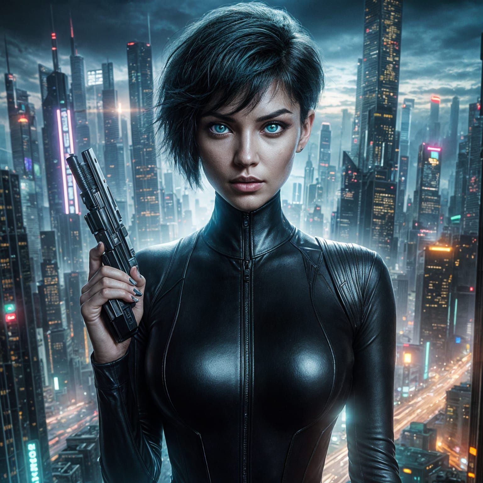 Confident Futurist Warrior in Cyberpunk Cityscape