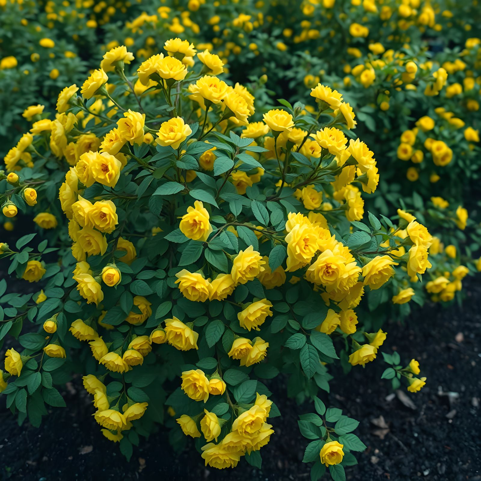 Vibrant Japanese Rose Bush in Full Bloom, Set Against a Lush...
