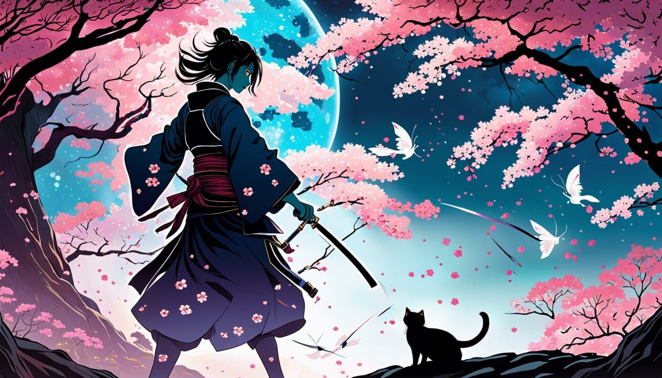 Ukiyo-e Cat Girl Samurai Duel with Cherry Blossoms
