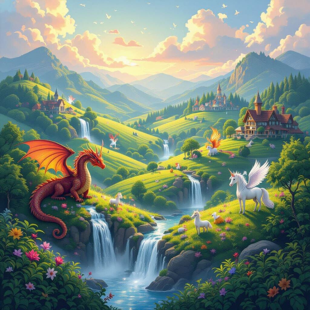 Mystical Farm with Mythical Creatures in Dreamy Landscape