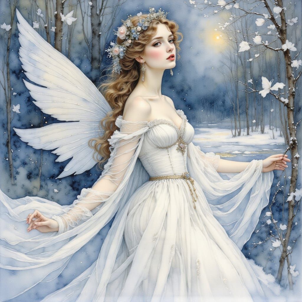 Enchanting Watercolor Snow Fairy in Gothic Fantasy Style