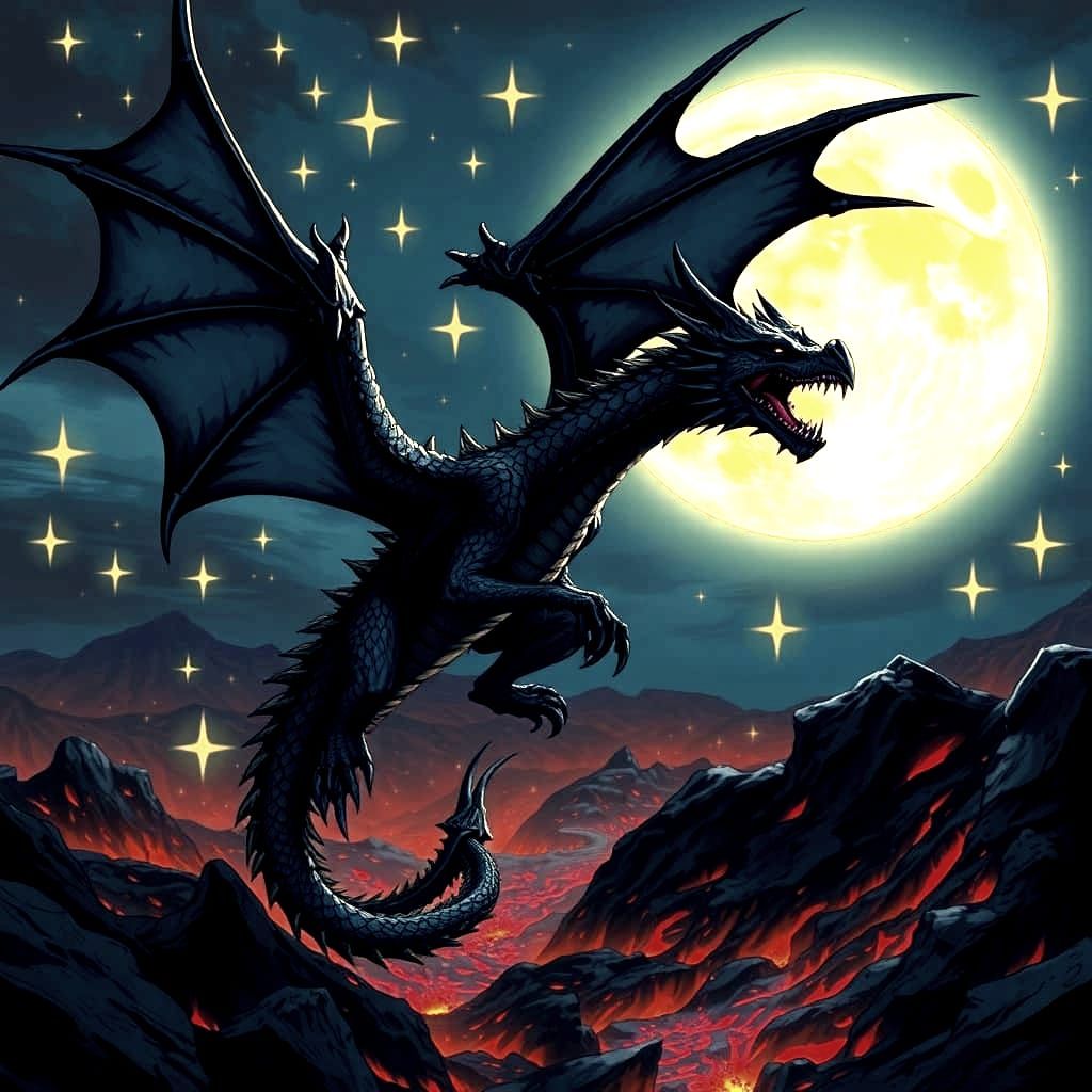 Black Dragon Soaring Under a Full Moon