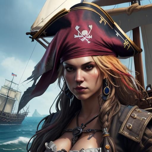 Detailed Pirate Wench Portrait with Ship