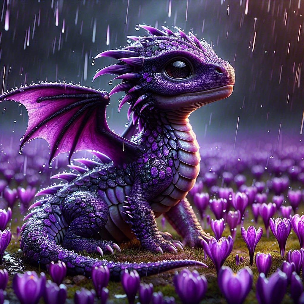 an adorable baby violet dragon with scales reminiscent of purple crocus using its wings as a shield against the heavy ra...