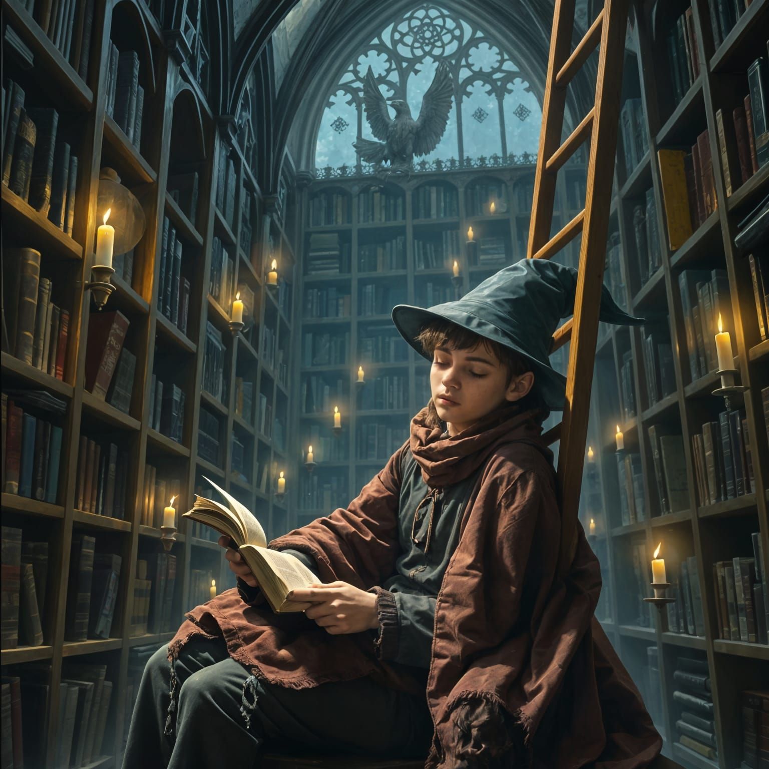 A Scruffy Mage Student in a Tenebrism Library Scene