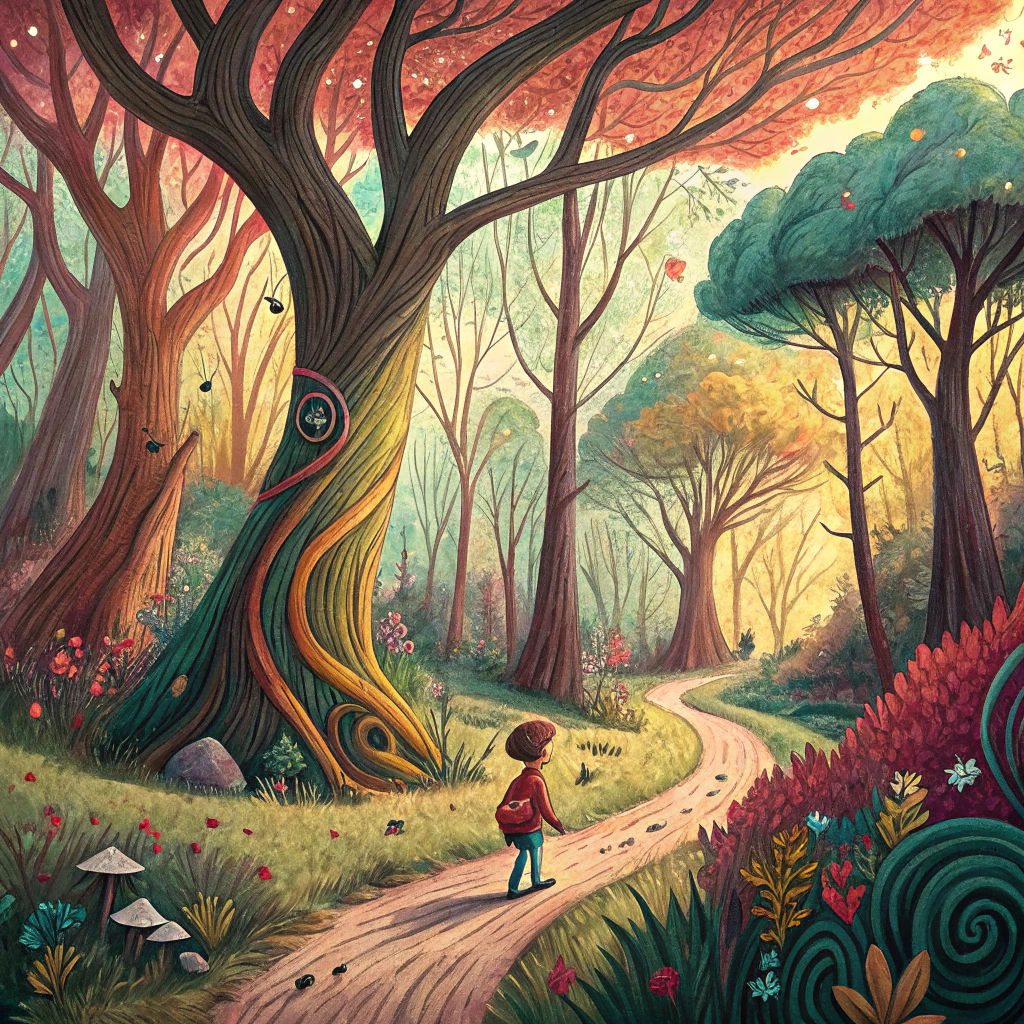 Whimsical Forest Scene in Naive Art Style