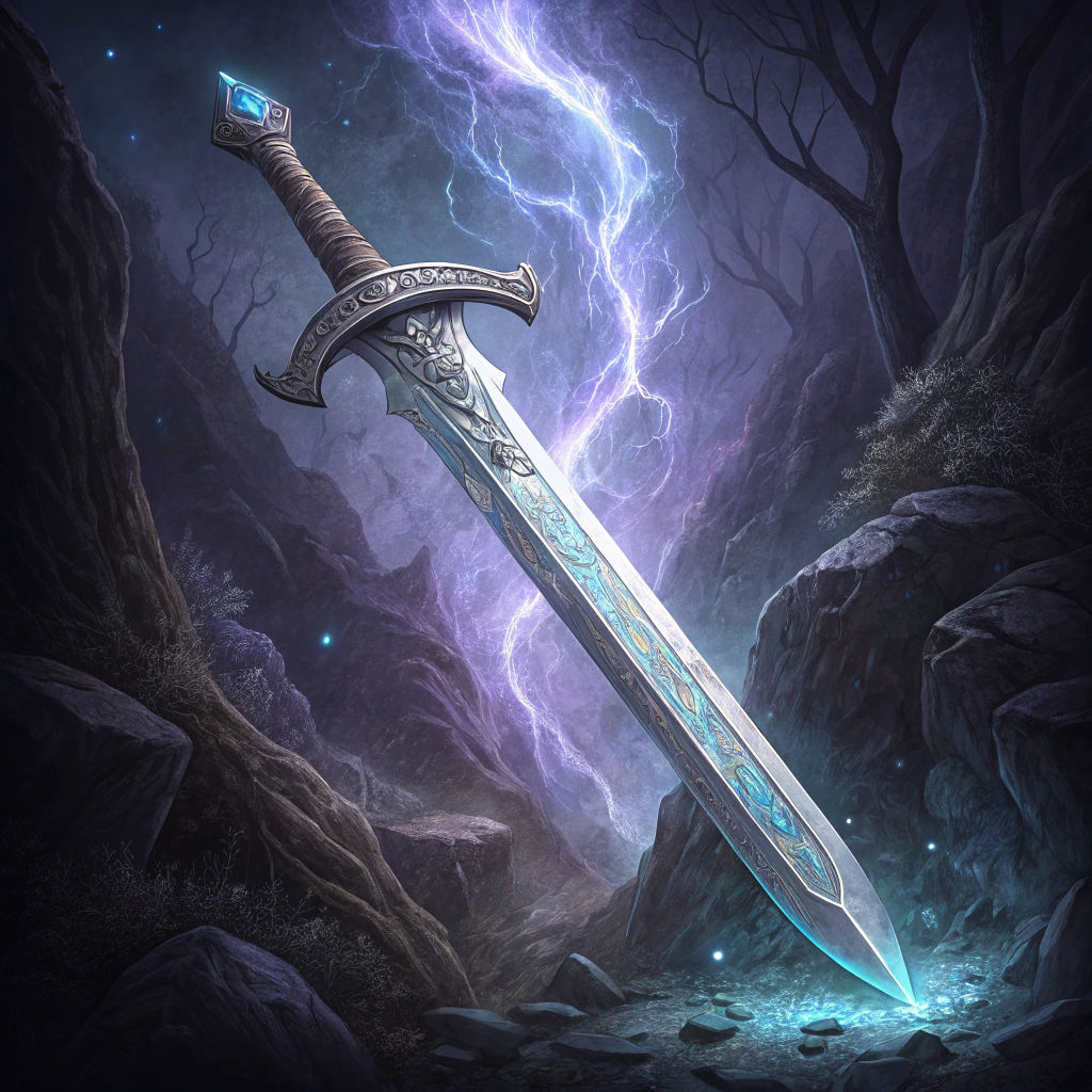 Mystical Silver Sword with Blue Glow in Dark Fantasy