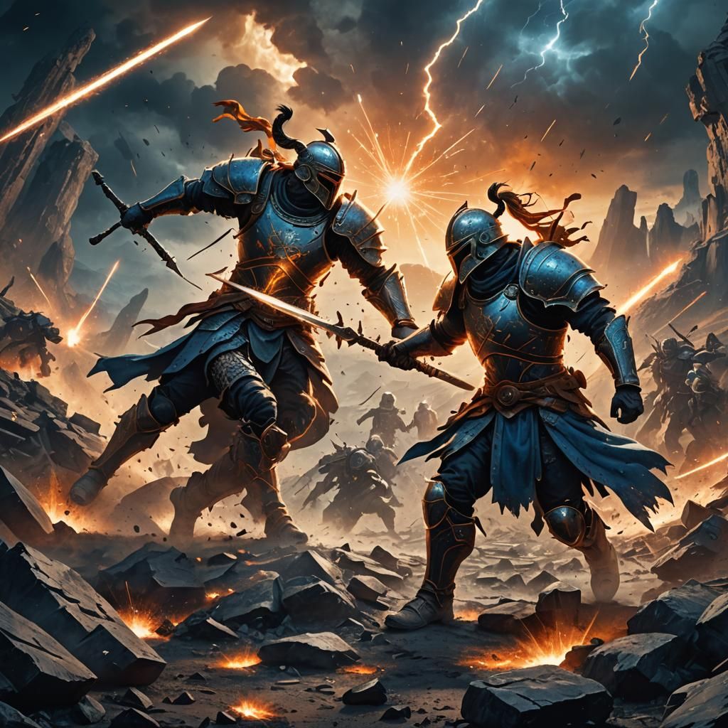 Epic Battle Between Warriors in Mystical Landscape