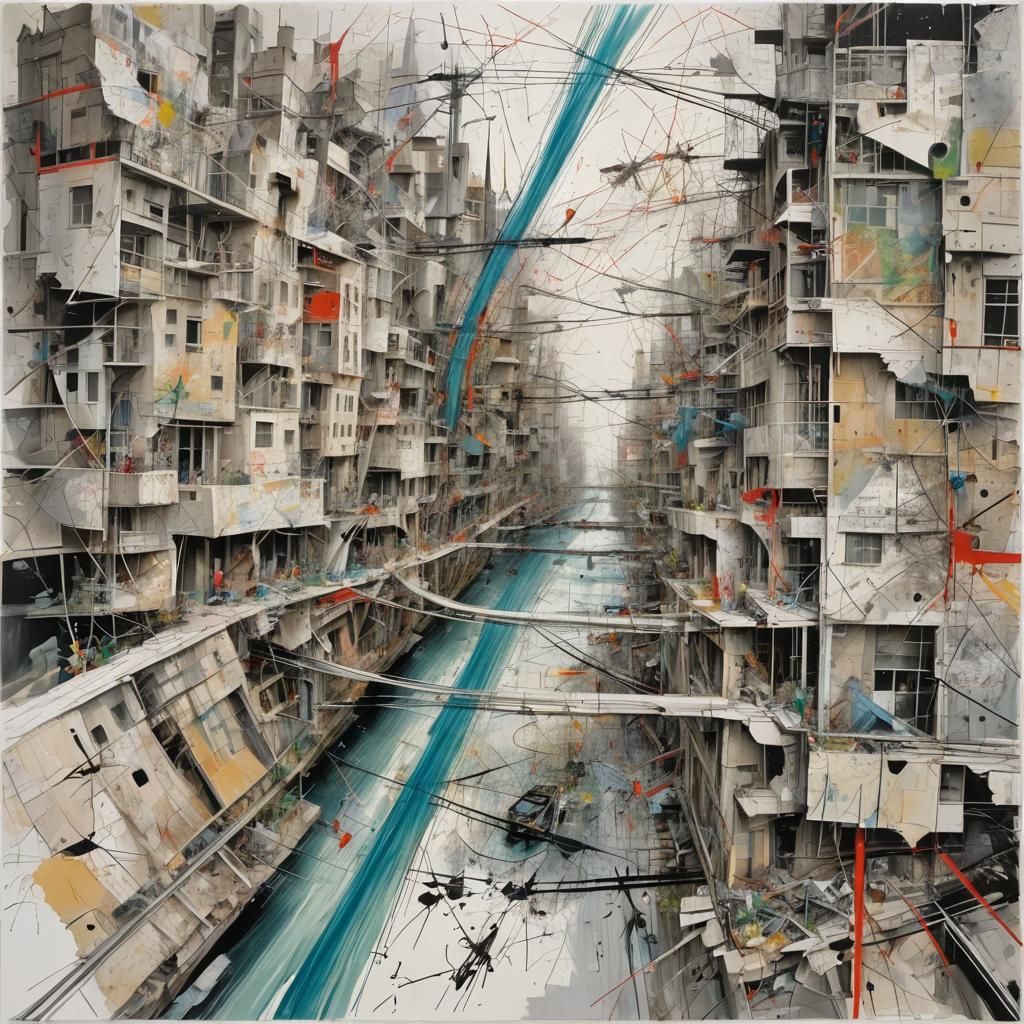 Dynamic Cityscape Collage in Mixed Media Style