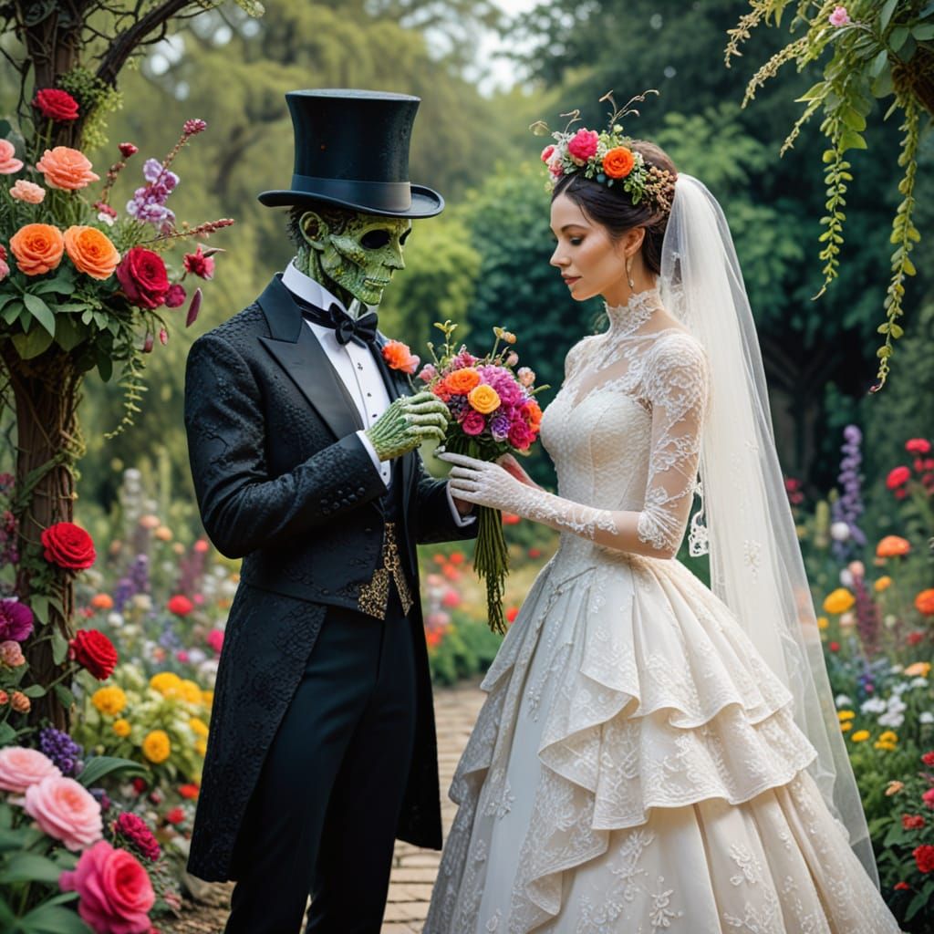 Gothic Whimsy: Preying Mantis Bride Exchanges Vows in Floral...