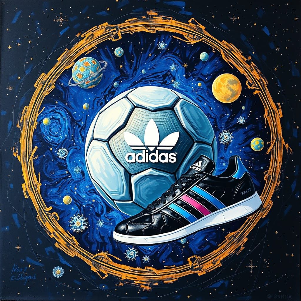 Cyberpunk Soccer Ball Amidst Celestial Bodies in Neo-Impress...