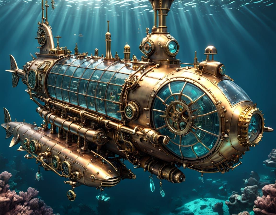 Steampunk Submarine Exploring Crystal Clear Ocean Depths