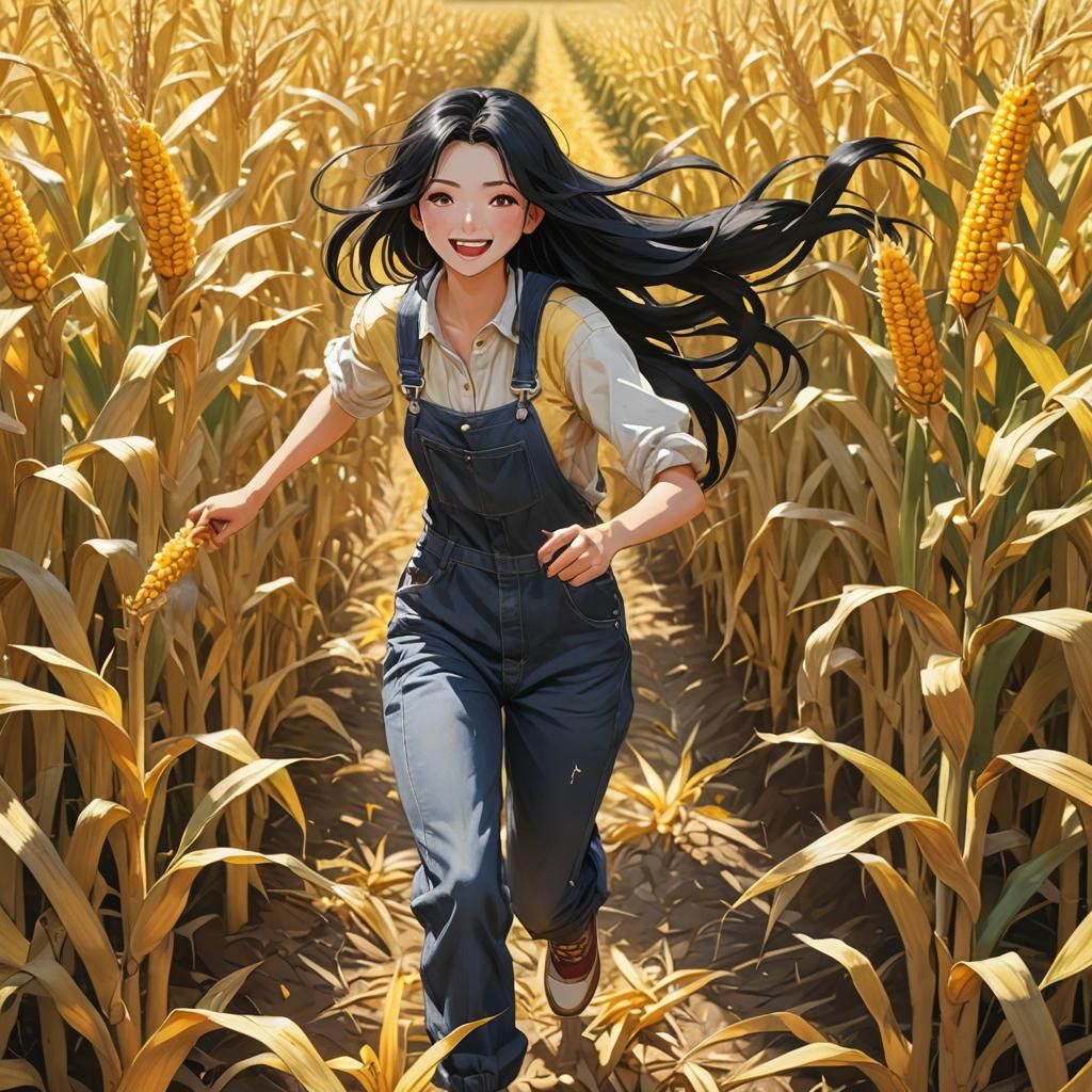Girl Runs Free in Cornfield: 3D Anime Art
