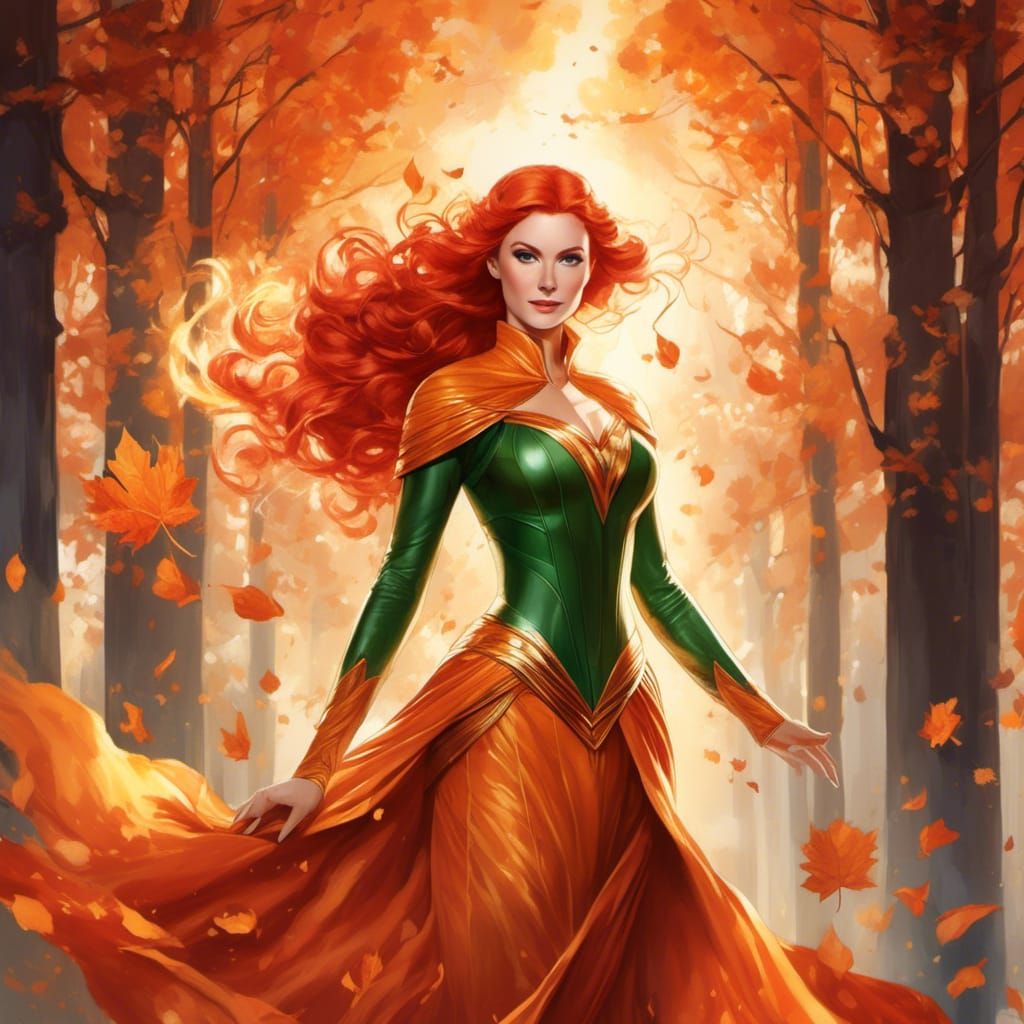 <lora:Nimbus:1.0> Jean Grey, high detail face, kind smile, beautiful and ethereal, red-headed, green eyed queen of autum...