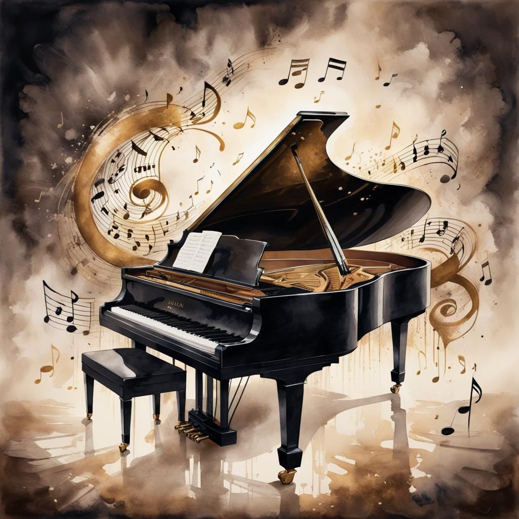A detailed ink drawing of a grand piano