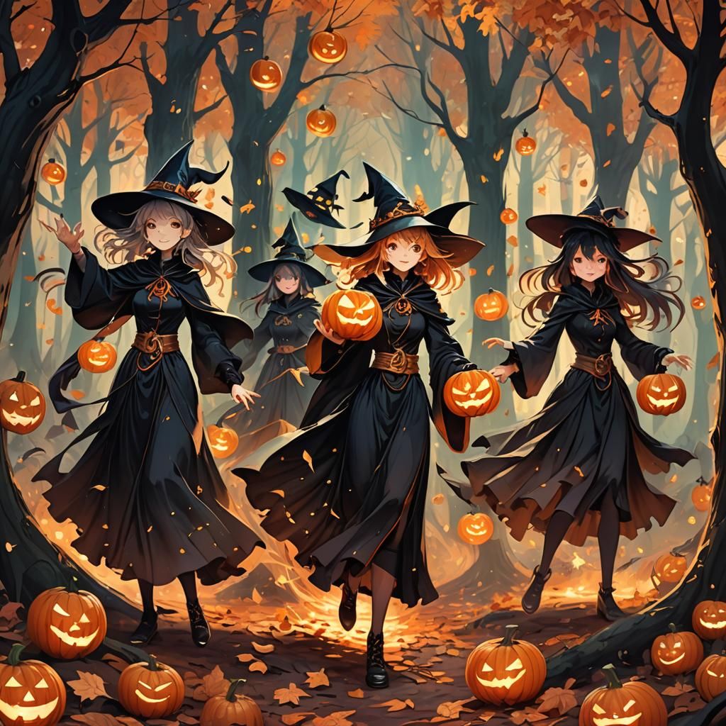 Witches Dancing with Pumpkins in Anime Style